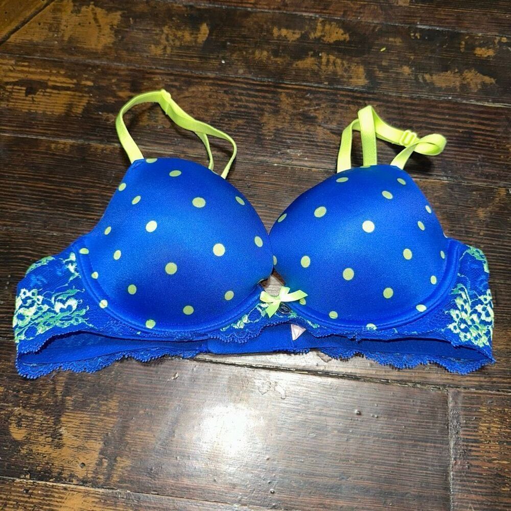 Victoria’s Secret neon blue polka dot 34B lacy push-up bra
